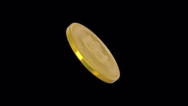 A golden rotating bitcoin video animation- Bitcoin: Secure, Decentralized Digital Currency for Investment and Transactions. 4K, looped, alpha channel, 3d animation. 