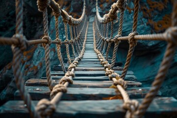Intense macro of a swaying rope bridge over a deep gorge, focus on frayed ropes and wooden planks, symbolizing precarious challenges - obrazy, fototapety, plakaty