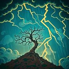 Lightning striking a tree on a lone hill, immediate aftermath of a split trunk, dramatic contrast, emblematic of crisis, comic style - obrazy, fototapety, plakaty