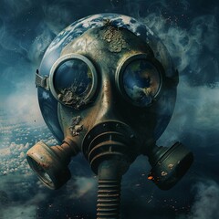 A gas mask emerging from the Earth, with continents and oceans depicted on it, highlighting the air pollution crisis - obrazy, fototapety, plakaty