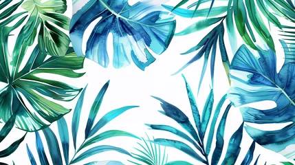 Fotobehang Pattern leaf, trendy tropical spring design. Jungle palm, summer background, watercolor illustration © Olivia
