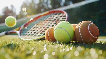 a couple of tennis balls and rackets on the grass in the sun light - 784752472