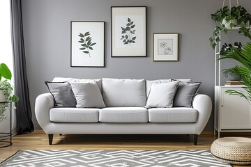 Grey settee near white cupboard in minimal living room interior with posters on the wall. Real photo.