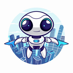 Cute little robot flying over the city. Cartoon vector illustration.