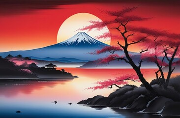 Painting of japanese Mount Fuji at sunset. For meditation apps, on covers of books about spiritual growth, in designs for yoga studios, spa salons, illustration for articles on inner peace, banner.