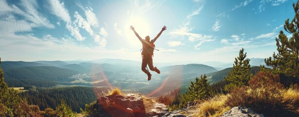 Happy man with arms up jumping on the top of the mountain