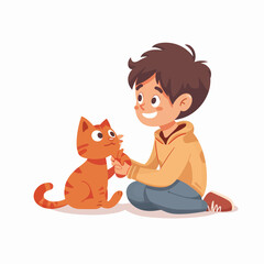 Cute little boy sitting on the floor with cat vector Illustration
