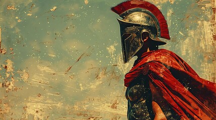Spartan warrior in red cape under atmospheric sky, digital art representing history and heroism - obrazy, fototapety, plakaty