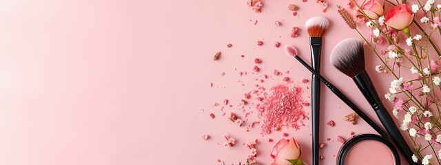 a pink background with makeup and cosmetics items on it - 784752819