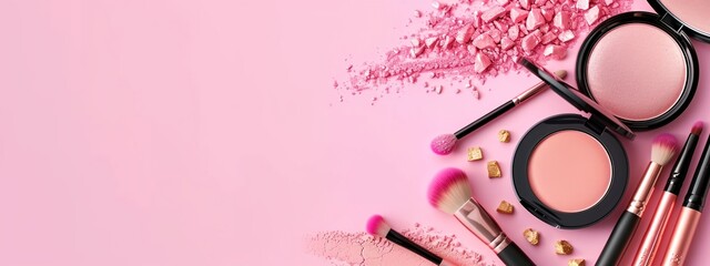 a pink background with makeup and cosmetics items on it - 784752835