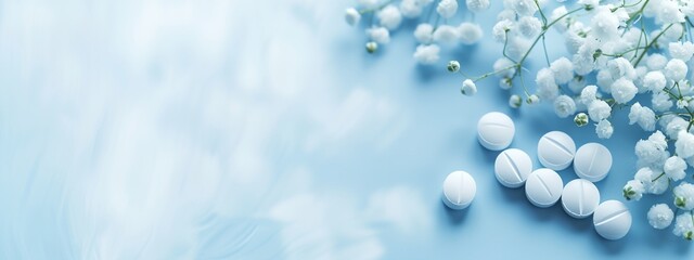 a bunch of white pills sitting on top of a blue surface with flowers - 784752847