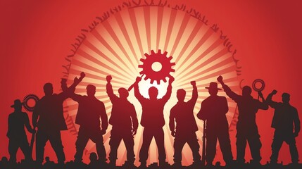 a group of people holding up a gear in front of a red background - 784752854