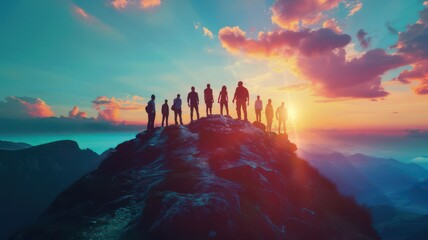 Several people climbing on a mountain summit at sunset created with Generative AI - obrazy, fototapety, plakaty