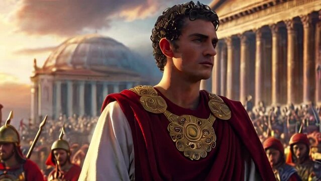 Portrait of young Roman emperor in front of large crowd, generative AI