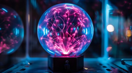 A plasma ball showcasing blue and pink electric arcs, used to demonstrate principles of electricity and physics - obrazy, fototapety, plakaty