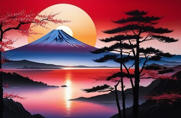 Painting of japanese Mount Fuji at sunset. For meditation apps, on covers of books about spiritual growth, in designs for yoga studios, spa salons, illustration for articles on inner peace, banner.