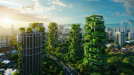 Naklejka premium Futuristic Green Skyscrapers: A Vision of Nature-Integrated Urban Architecture