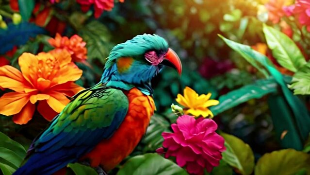 Exotic colorful tropical parrot bird on background of leaves and flowers, generative AI
