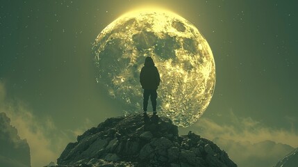 Surreal night scene with a person standing on a cliff under a giant moon - obrazy, fototapety, plakaty