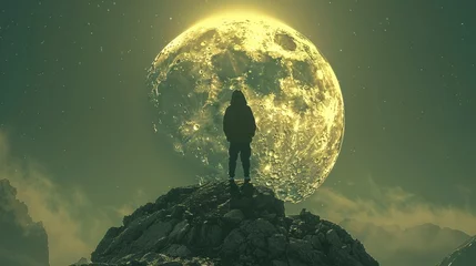Poster Surreal night scene with a person standing on a cliff under a giant moon © Yusif