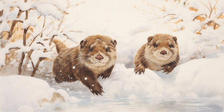 A pair of otters sliding down a snowy slope, their playful antics and delighted chirps echoing through the winter landscape. 