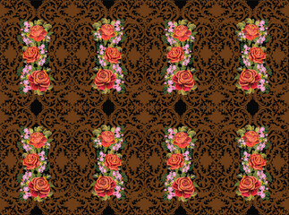 abstract red flowers in brown design on black background - 784753833