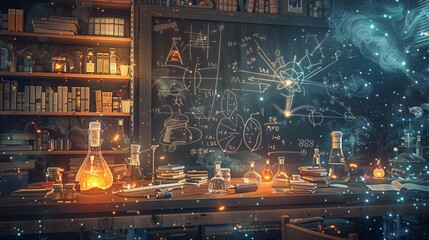 Blackboard filled with scientific formulas and calculations in physics and mathematics - obrazy, fototapety, plakaty