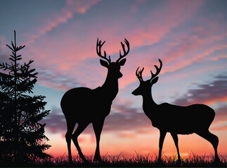 two deers at pink sunset illustration
