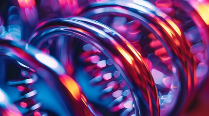 Close-up of a coiled metal spring under neon light, focusing on its high strength and elastic properties - obrazy, fototapety, plakaty
