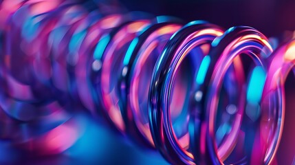 Close-up of a coiled metal spring under neon light, focusing on its high strength and elastic properties - obrazy, fototapety, plakaty