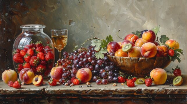 Vibrant still life painting of fresh fruits in a rustic setting
