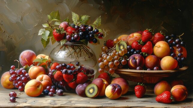 Vibrant still life painting of fresh fruits in a rustic setting