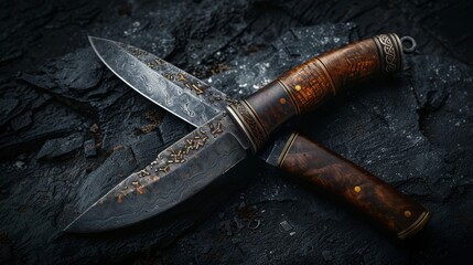 Ultra realistic photo of a custom knife with detailed Damascus blade and wooden handle
