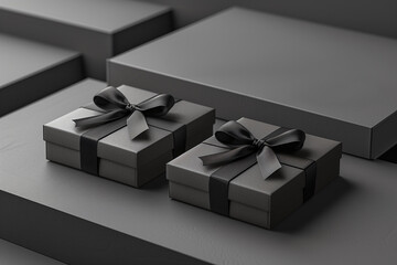 two black and square gift boxes with black ribbon around it