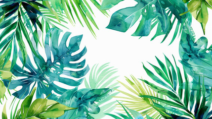 Pattern leaf, trendy tropical spring design. Jungle palm, summer background, watercolor illustration - 784754054