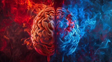 Creative representation of the human brain, contrasting creative and logical hemispheres related to education, science, and medicine - obrazy, fototapety, plakaty