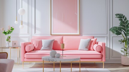 Pink sofa decorated with pillows, poster on the wall and golden tables in a living room interior
