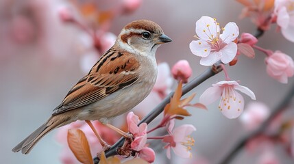 sparrow bird sits on a blossoming branch