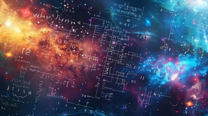 Mathematical and physical formulas set against a galaxy background, themed around space and science education - obrazy, fototapety, plakaty