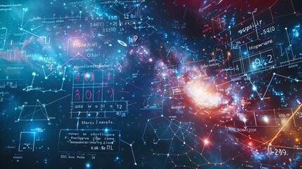 Mathematical and physical formulas set against a galaxy background, themed around space and science education - obrazy, fototapety, plakaty
