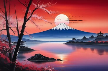 Majestic Mount Fuji, Japans iconic peak, bathed in warm hues of breathtaking sunset. Tranquil beauty of scene is accentuated by blending colors of sky. For art, creative projects, fashion, magazines.