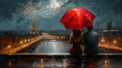two lovers under red umbrella in Paris