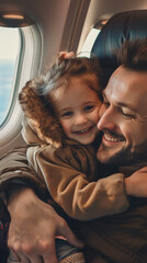A father and his young daughter in an airplane seat, smiling and hugging