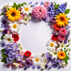 Obraz premium Wide border frame of wet pansy gerbera carnation poppy sunflower periwinkle and lavender flowers