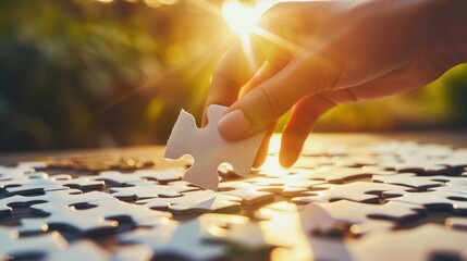 Business solutions concept with female hand connecting puzzle jigsaw. AI generated image