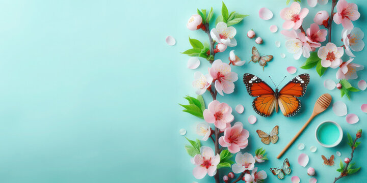 spring nature background with butterfly, fresh blossom on blue background, frame, Springtime, summer banner concept