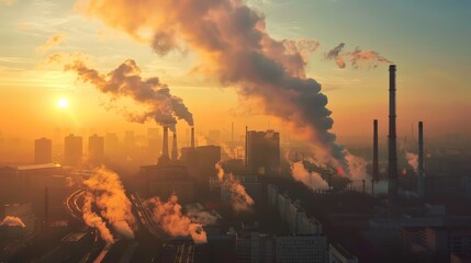 Industrial chimneys emitting smoke and polluting the air at sunrise, highlighting the negative environmental impact of industrial activities.