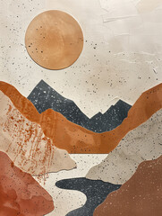 Painting of a canvas. Sun and mountains, in the style of earthy color palettes, shaped canvas - 784756299
