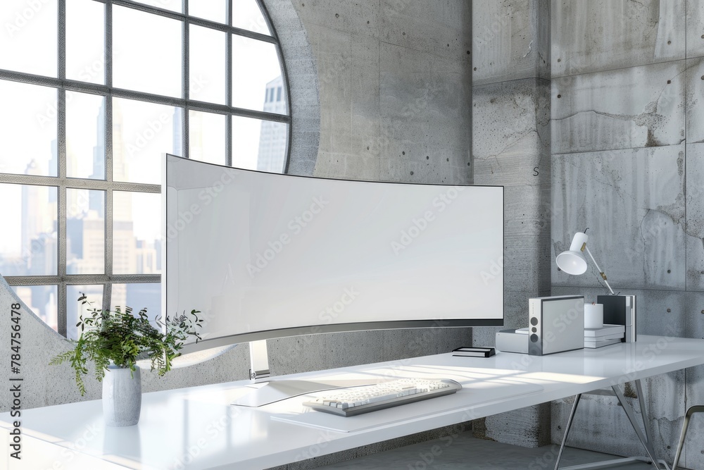 Aufkleber Curved Monitor on a White Desk - 3D Rendering of a Computer Screen in a Modern Office Workspace