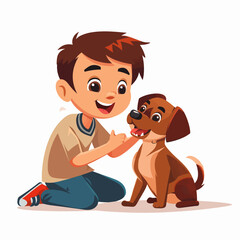 Little boy playing with cute dog, cartoon vector illustration isolated on white background.